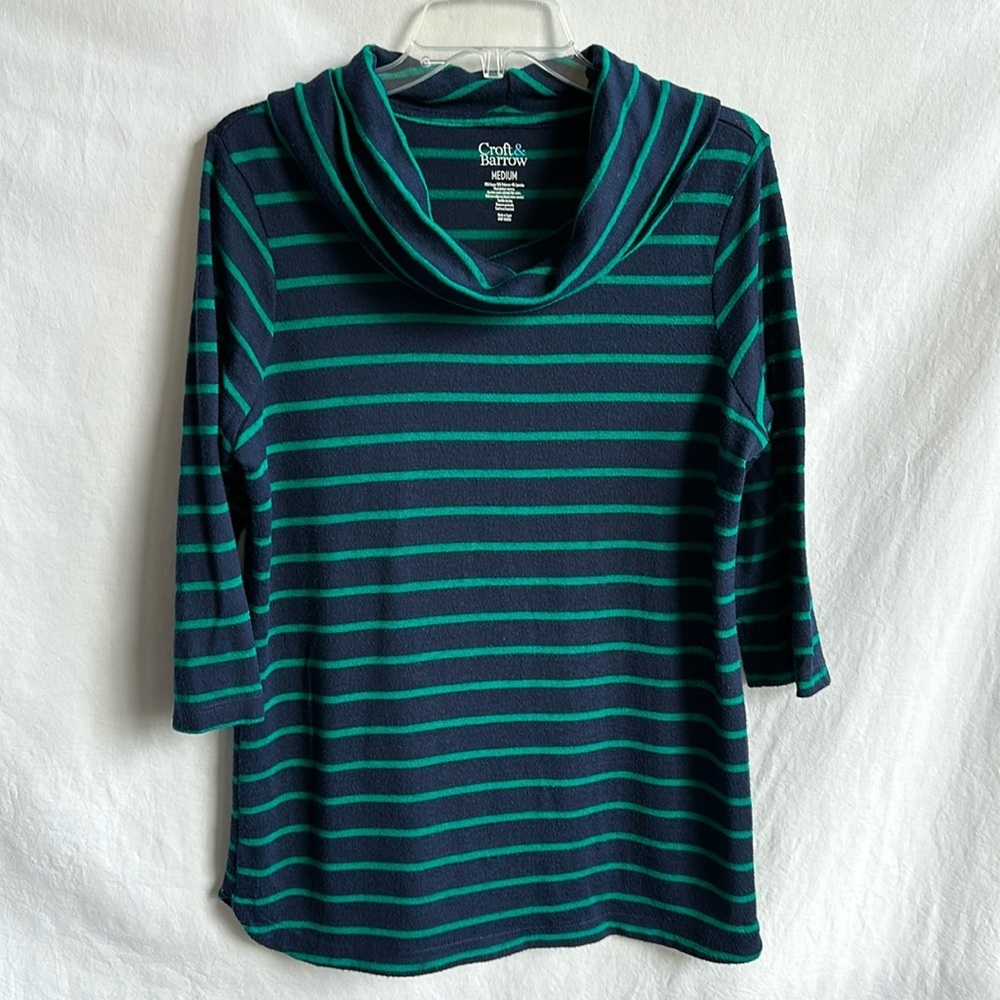 Croft & Barrow cowl neck top with navy and green stripes, size M